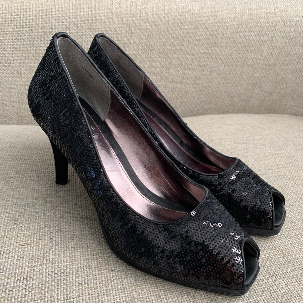 Black Sequin High Heels Peep Toe Shoes Womens Size 7 1/2 Toda Impo Sequin